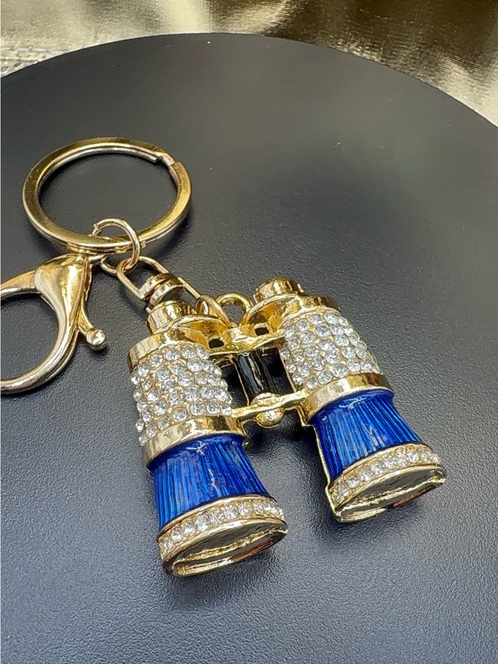 Gold-tone Blue Crystal Binocular Keychain Charm